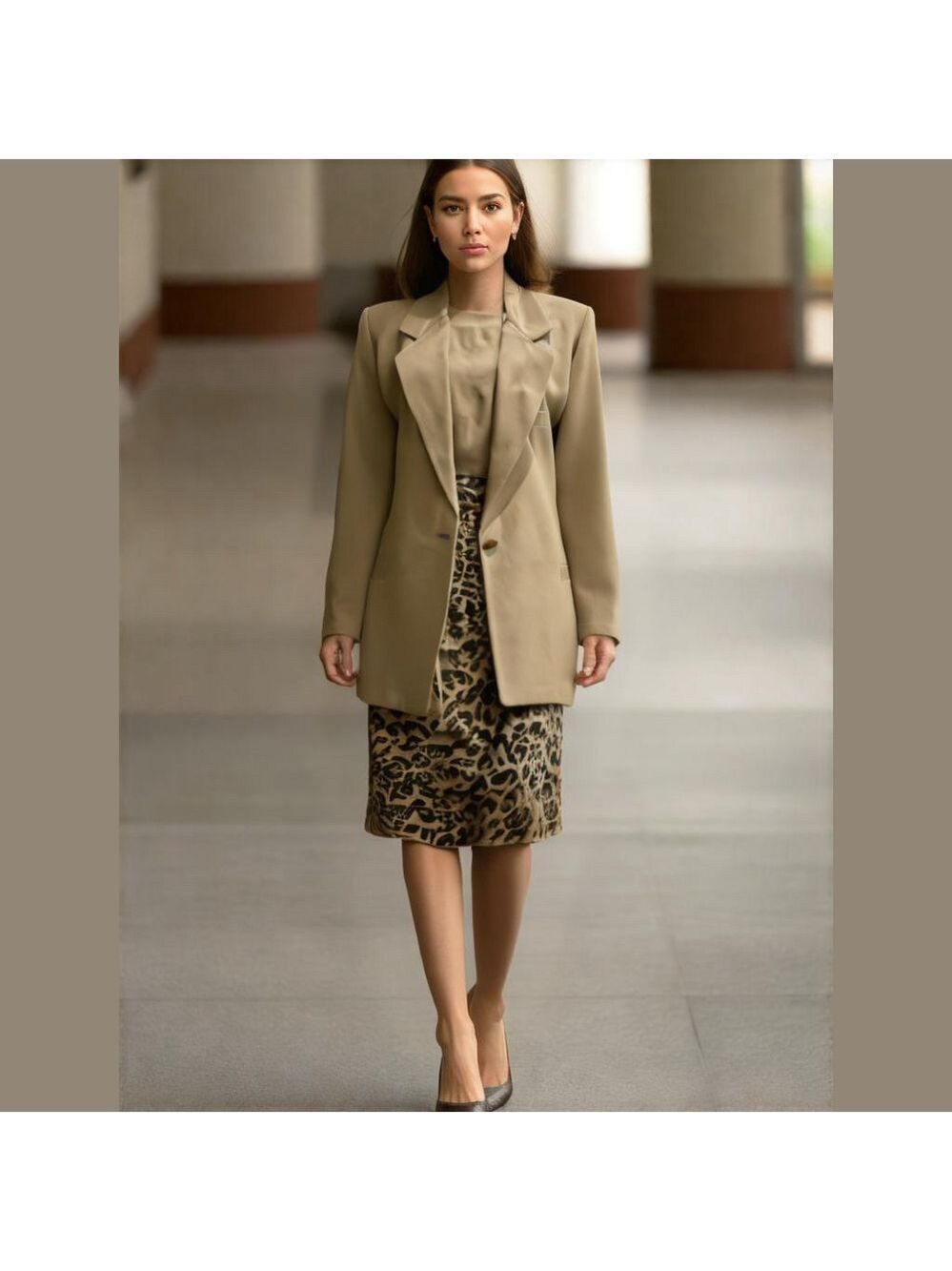 80s 3PC SILK A+ELLEN TAN TOP & BLAZER & DANA BUCHMAN LEOPARD PRINT PENCIL SKIRT